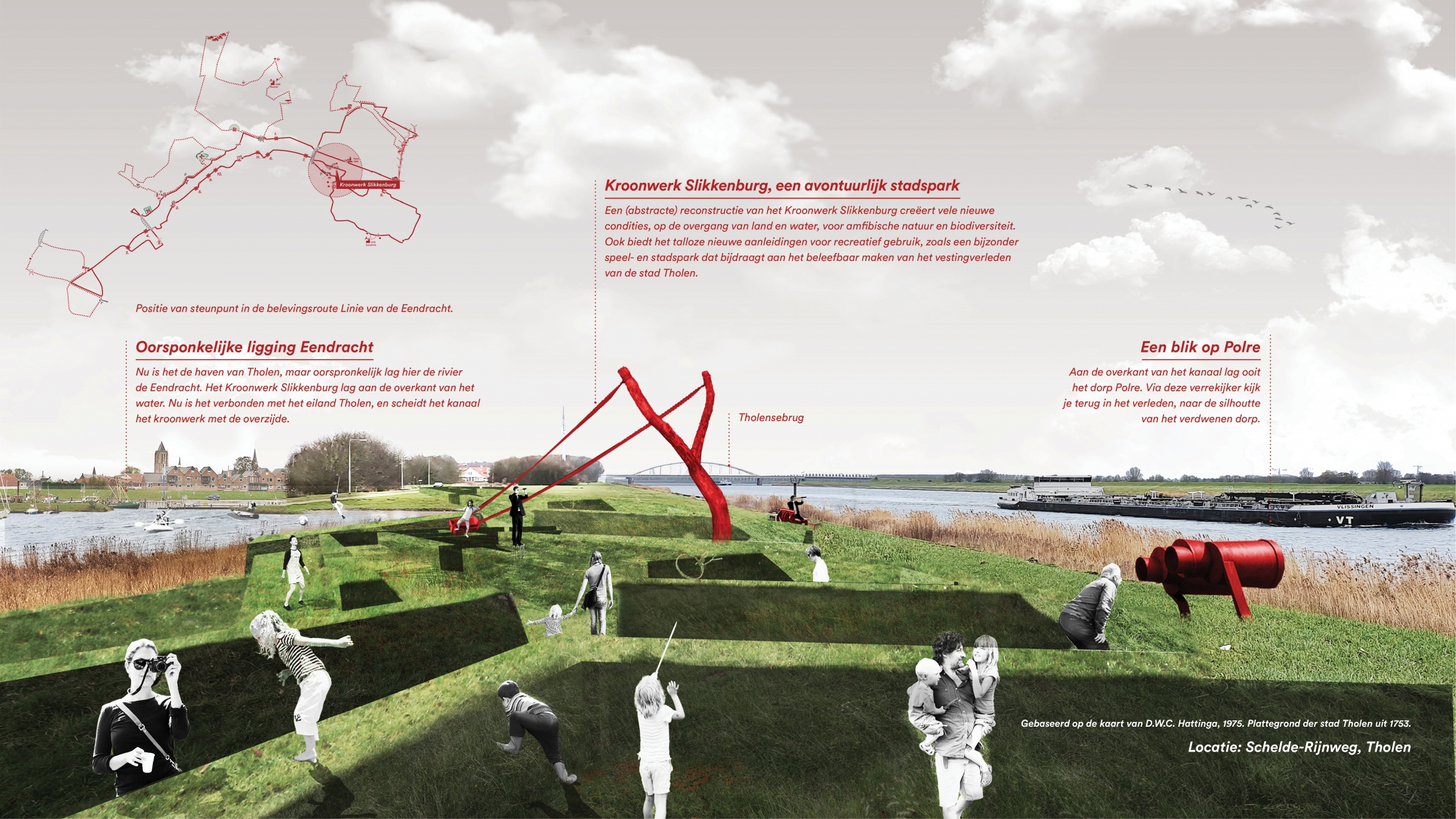 Abstracte reconstructie van het kroonwerk Slikkenburg tot een avontuurlijk stadspark. 